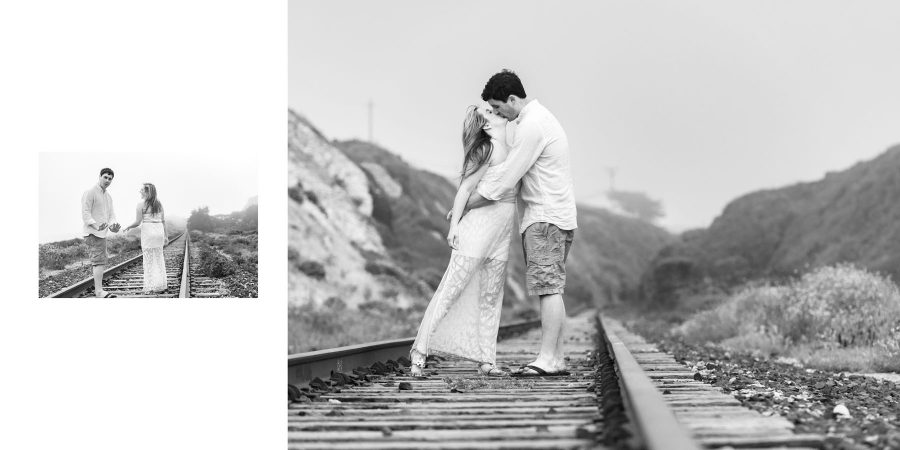 B&W romantic kiss on the railroad tracks - Davenport Beach Wedding / Engagement Proposal Photography - Julianna and Brian - photos by Bay Area wedding photographer Chris Schmauch www.GoodEyePhotography.com