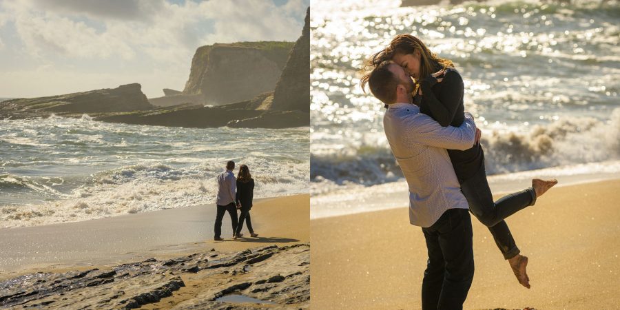 Walking on the beach, picking her up and kissing - Panther Beach Santa Cruz and Quail Hollow Felton engagement photography - Sara and Scott - photos by Bay Area wedding photographer Chris Schmauch