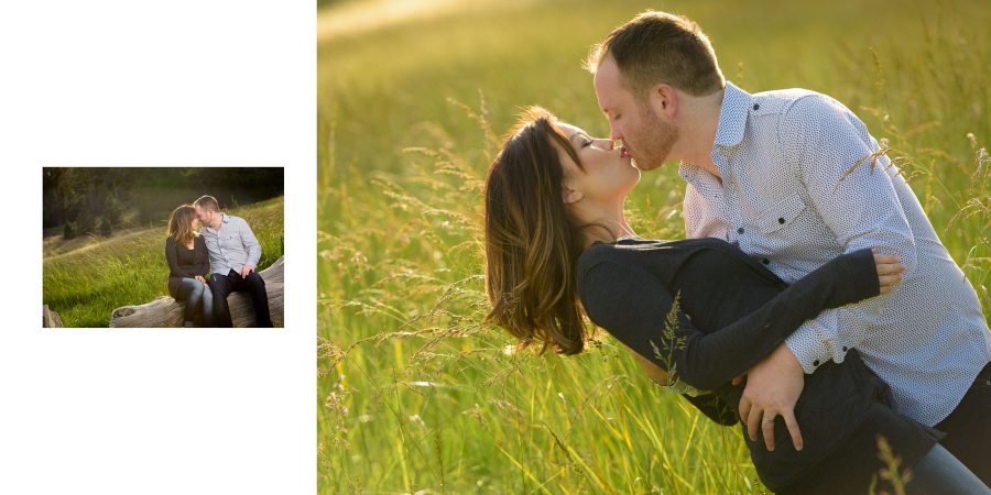 Scott gives Sara a dip and kiss in the green field, the sun backlighting her hair - Panther Beach Santa Cruz and Quail Hollow Felton engagement photography - Sara and Scott - photos by Bay Area wedding photographer Chris Schmauch