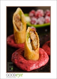 Pigs in a Blanket: House-made Chicken Sausage, Smoked Gouda, Granny Smith Apple & Fresh Aneheim chili wrapped in Rice Paper; Cranberry-Chipotle Mustard