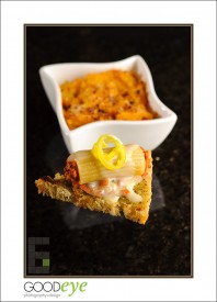 Mac n Cheese: Spanish Chorizo & Manchego-stuffed Rigatoni on a Garlic Crostini smothered with Mornay Sauce