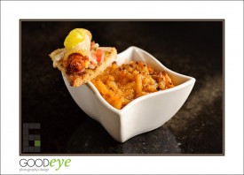 Mac n Cheese: Spanish Chorizo & Manchego-stuffed Rigatoni on a Garlic Crostini smothered with Mornay Sauce