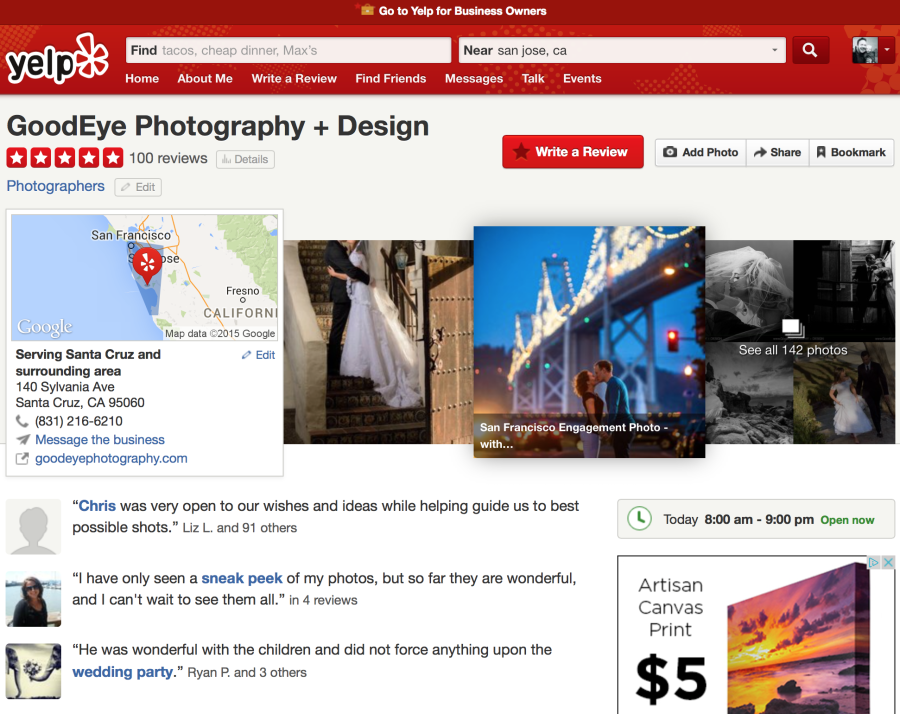 GoodEye Photography Yelp Review Milestone – One Hundred 5-Star Reviews